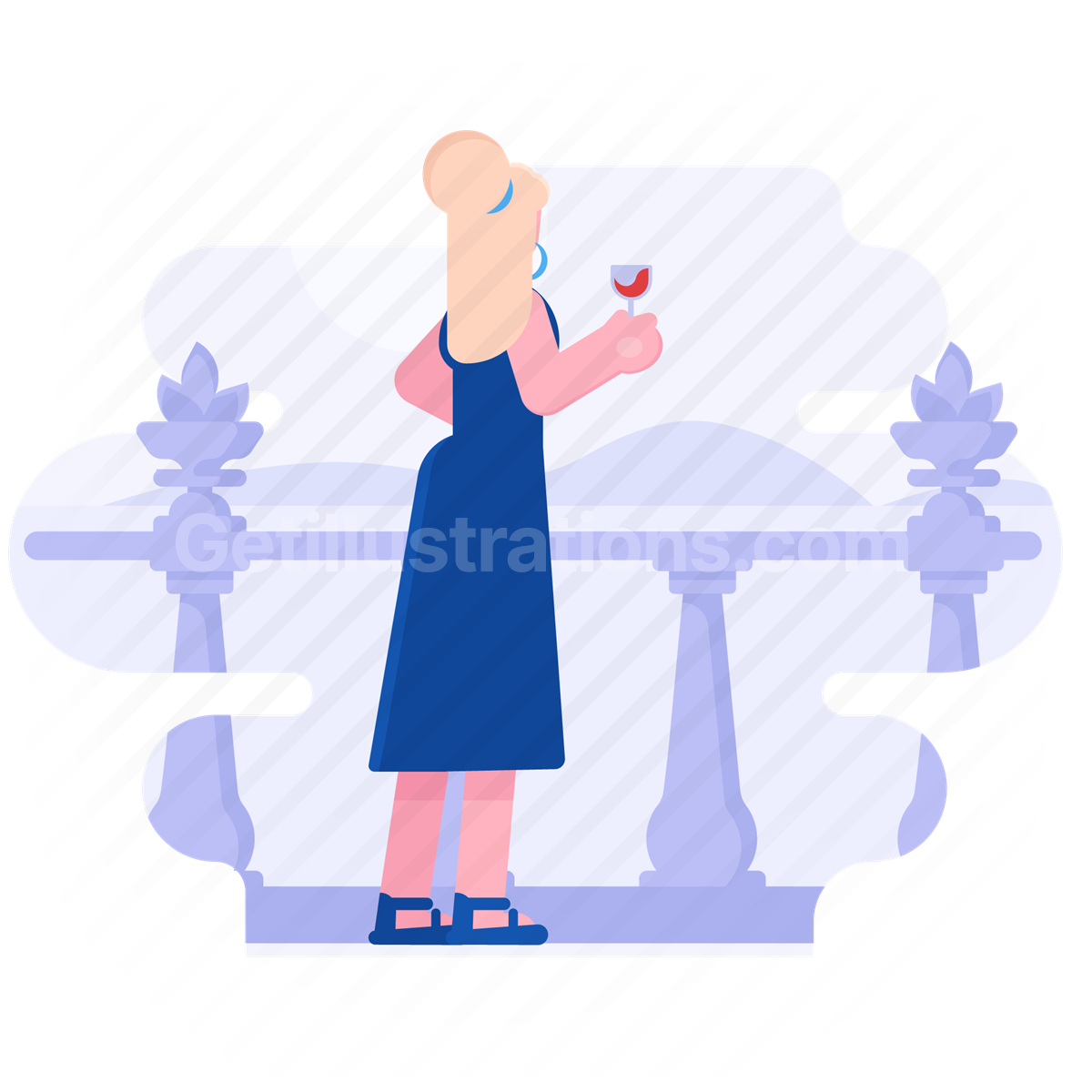 woman, lady, wine, drink, beverage, dress, balcony, people